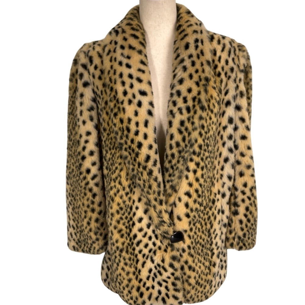 Vintage Jacket Womens XLarge Black Brown Leopard Faux Fur Shawl Statement USA